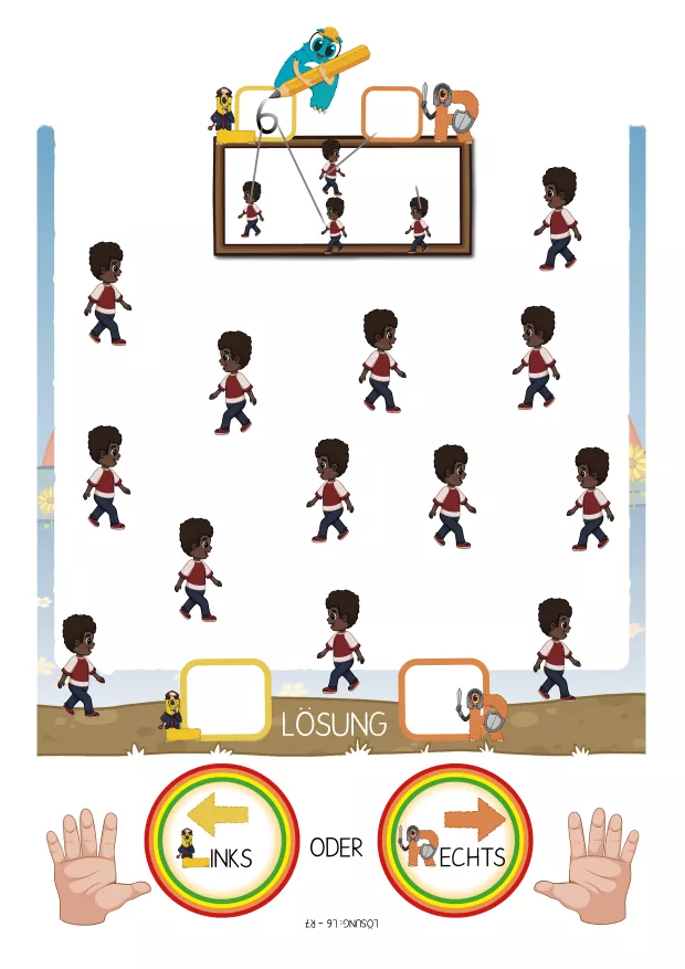 Beispielübung – Wer läuft wohin?

Auf einer weiteren Seite beobachten die Kinder verschiedene Figuren:
Wer läuft nach links? Wer läuft nach rechts?

Die Kinder tragen selbst ein,

wie viele Figuren nach links laufen

wie viele nach rechts laufen

Diese Aufgabe fördert neben der Rechts-Links-Orientierung auch genaues Hinschauen, Vergleichen und selbstständiges Denken.