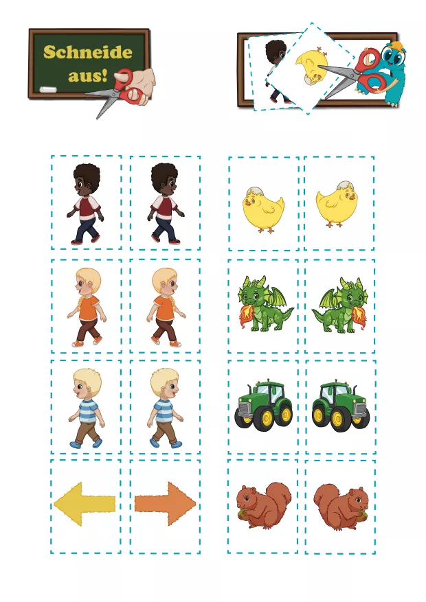 Ausschneiden, Ordnen, Zuordnen

Am Ende des Heftes erweitern Schneide- und Klebeaufgaben das Lernen.
Die Kinder schneiden liebevoll illustrierte, handgezeichnete Bilder aus und ordnen sie links oder rechts zu.

So wird das Gelernte noch einmal handelnd vertieft und mit einer weiteren Kulturtechnik verbunden.

Wenn du möchtest, können wir im nächsten Schritt:

eine sehr kurze Mobile-Version dieser Texte machen

oder die Texte gezielt auf Eltern vs. Fachkräfte aufteilen

oder passende Alt-Texte für jedes dieser Bilder formulieren (SEO-stark)

Sag einfach, was du als Nächstes brauchst.