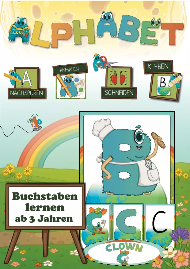 Cover des Alphabet-Arbeitshefts „Buchstaben lernen ab 3 Jahren“ mit den Aloni-Buchstaben. Kindgerechtes Lernmaterial für Kindergarten, Vorschule und Förderunterricht, das Großbuchstaben spielerisch über Charaktere, visuelle Lernanweisungen sowie Aufgaben zum Nachspuren, Anmalen, Schneiden und Kleben vermittelt.