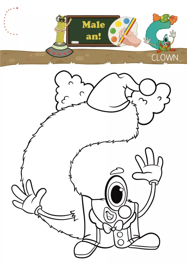 Arbeitsblätter zum Buchstaben C mit dem Clown sowie zum Buchstaben Z mit dem Zauberer. Die Figuren werden ausgemalt und die jeweiligen Buchstaben nachgespurt. Spielerische Förderung von Schrift- und Sprachkompetenzen, visueller Wahrnehmung und Merkfähigkeit.