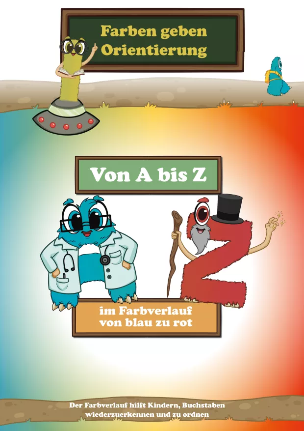 Alphabetkarten mit Buchstaben im Farbverlauf von Blau bis Rot, der Kindern hilft, Buchstaben zu ordnen, wiederzuerkennen und dem Alphabet zuzuordnen.