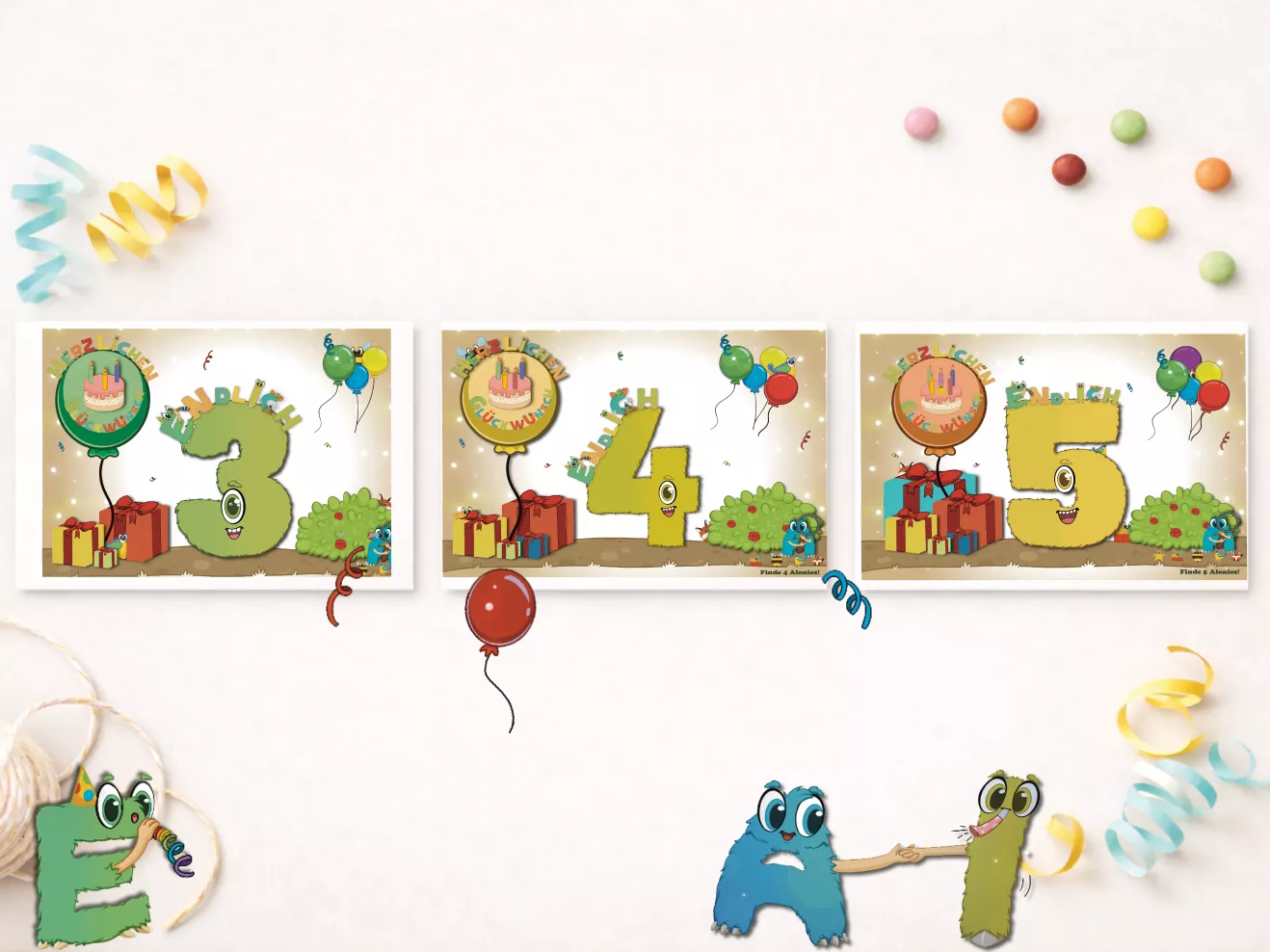 3er-Set interaktive Geburtstagskarten für Kinder zum 3., 4. und 5. Geburtstag – handgemacht, bunt illustriert und mit versteckten Alonis auf jeder Karte. Die Figuren aus Zahlen, Buchstaben und Formen laden Kinder zum Suchen und Entdecken ein. Jede Karte ist altersgerecht gestaltet und macht den Geburtstag zu einem kreativen Mitmach-Erlebnis.