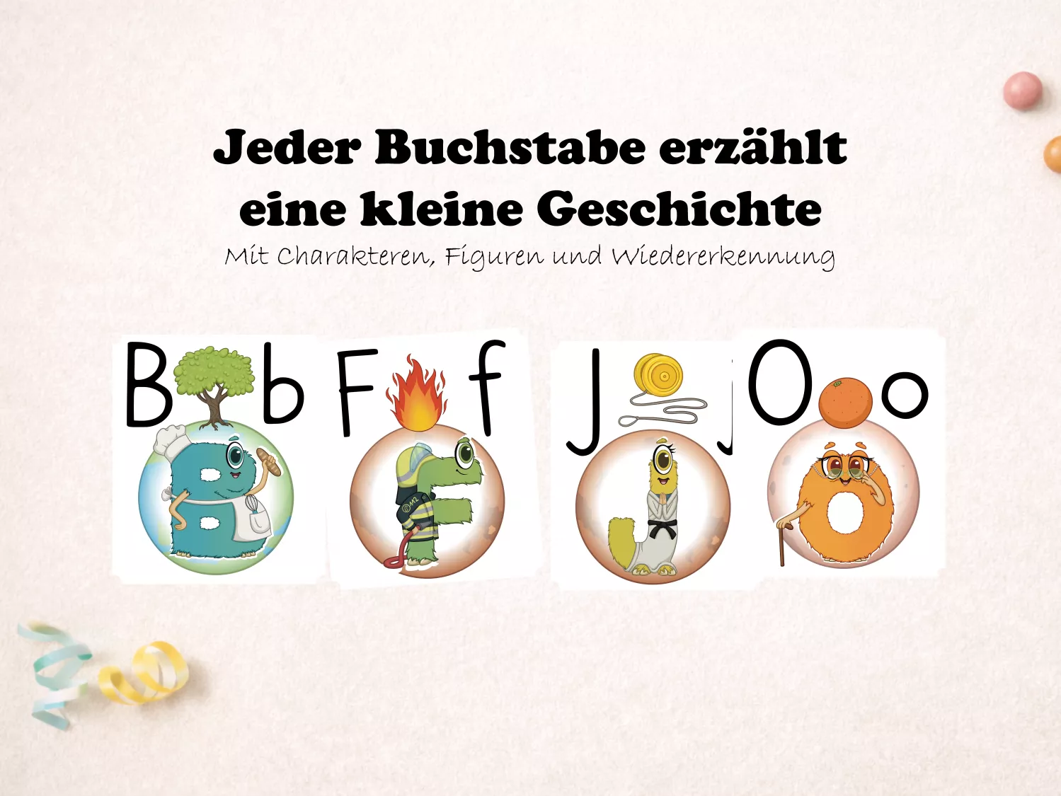 Aloni-Buchstaben mit Charaktereigenschaften und kleinen Geschichten. Durch Figuren, Farben und Handlungen wird abstraktes Buchstabenlernen für Kinder greifbar und bedeutungsvoll.