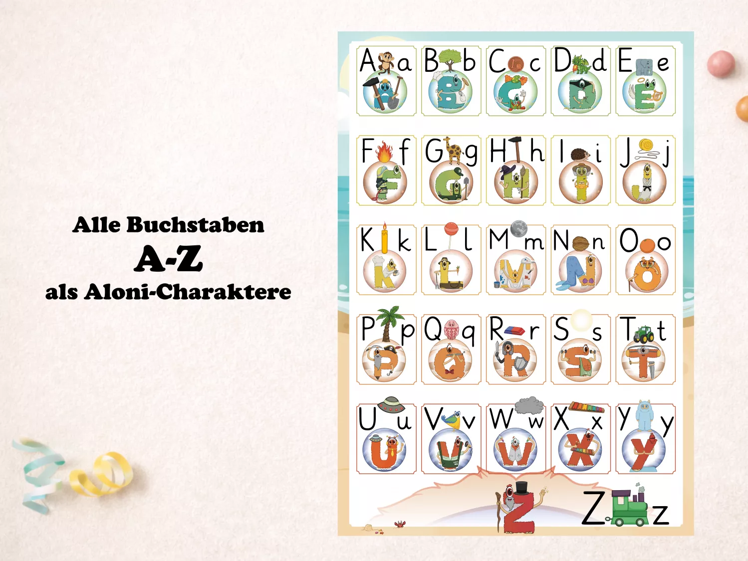Alle Aloni-Buchstaben von A bis Z als Lernfreunde. Jeder Buchstabe ist Teil der Alonies-Welt und unterstützt Kinder dabei, Buchstaben über Wiedererkennung, Bilder und Geschichten zu verstehen.