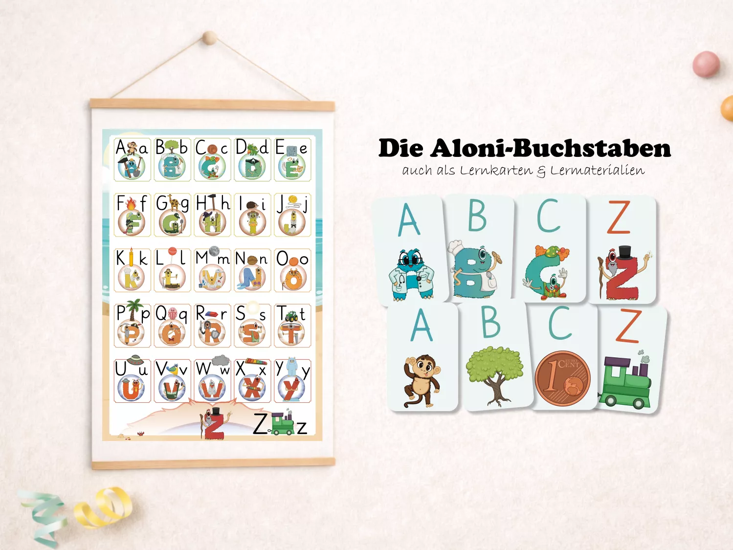 Die Aloni-Buchstaben als Teil eines ganzheitlichen Lernsystems. Das Alphabetplakat ergänzt weitere Alonies-Lernmaterialien und ermöglicht unterschiedliche Zugänge zum Buchstabenlernen.