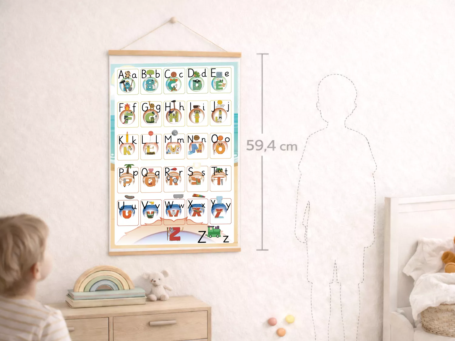 Alonies im Kinderzimmer: Buchstabenlernen wird Teil des Alltags. Durch die ständige Sichtbarkeit der Aloni-Buchstaben können Kinder selbstständig beobachten, wiederholen und vertiefen.