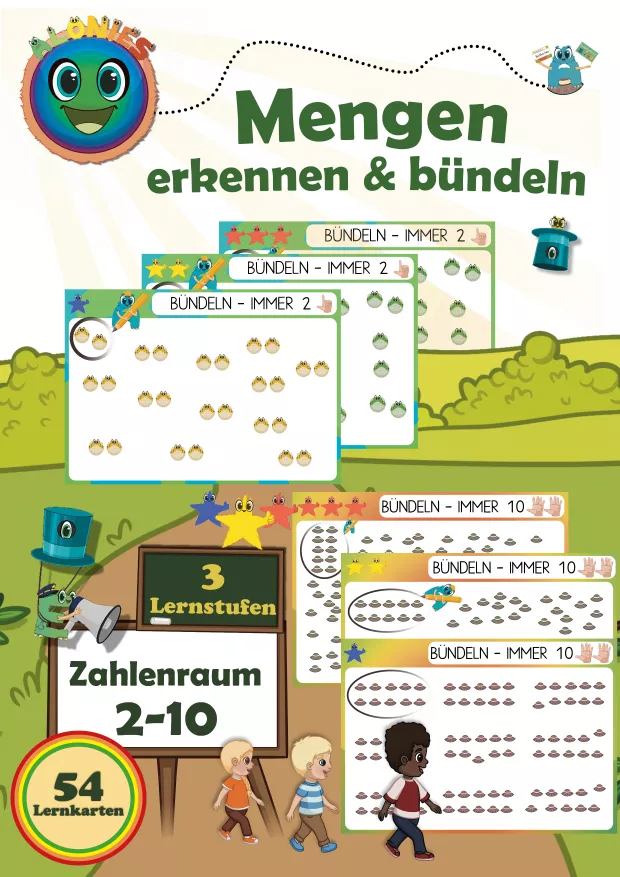 Cover des Lernmaterials „Mengen erkennen und bündeln im Zahlenraum 2–10“ mit 56 differenzierten Lernkarten in drei Lernstufen. Die Karten fördern spielerisch das Mengenverständnis, die Mengenerfassung und das selbstständige Lernen in Vorschule, Grundschule und Förderunterricht.