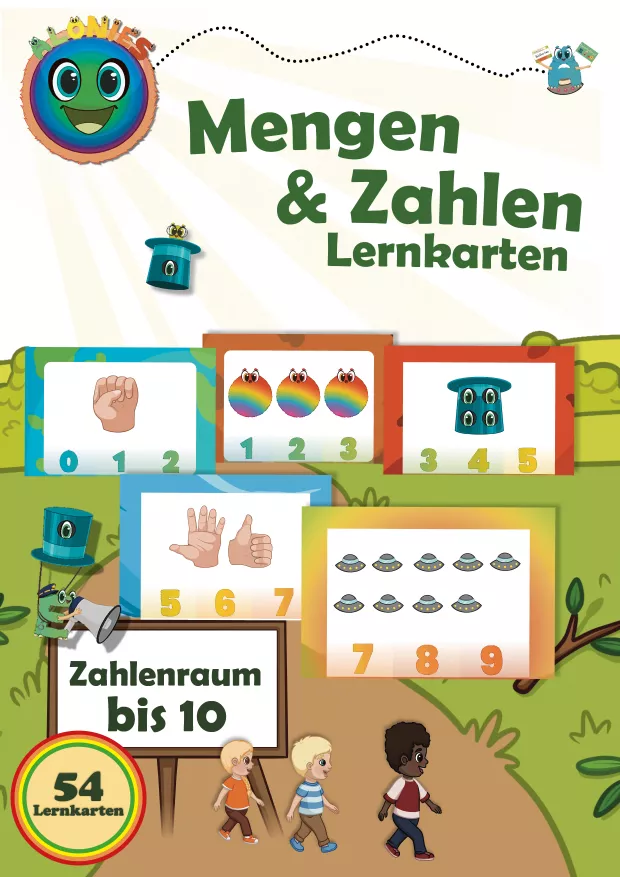 Cover des Lernmaterials „Mengen und Zahlen – Klammerkarten zur Mengenzahlenverknüpfung im Zahlenraum bis 10“. Zu sehen sind bunte, handgezeichnete Alonies-Figuren und Zahlenkarten. Das Set besteht aus 54 kindgerechten Lernkarten zur Förderung von Mengenverständnis, Zahlen erkennen und selbstständigem Lernen im Kindergarten, in der Vorschule und im Förderbereich.