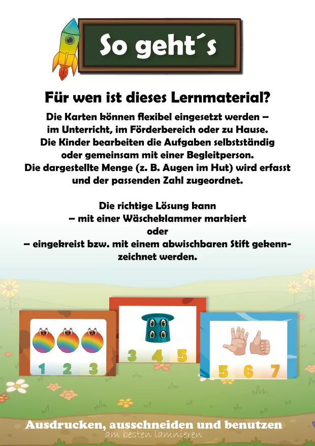 Übersichtsseite zum Lernmaterial Mengen und Zahlen mit Erklärung zur Nutzung. Die Lernkarten können flexibel im Unterricht, im Förderbereich oder zu Hause eingesetzt werden. Kinder bearbeiten die Aufgaben selbstständig oder gemeinsam mit einer Begleitperson. Die Karten lassen sich laminieren und mit Wäscheklammern markieren oder alternativ einkreisen.
