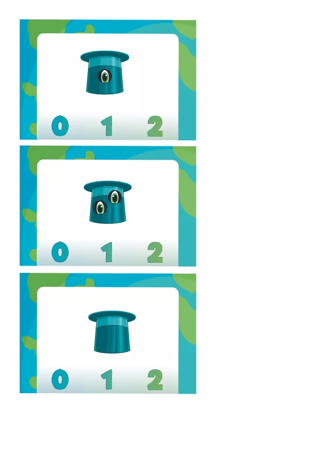 Beispielkarten aus dem Zahlenraum 0 bis 2. Kinder zählen die Augen im Hut einer handgezeichneten Aloni-Figur und ordnen die passende Zahl zu. Die richtige Lösung wird mit einer Wäscheklammer markiert oder eingekreist. Spielerische Übung zur Mengenzahlenverknüpfung für Kindergarten und Vorschule.