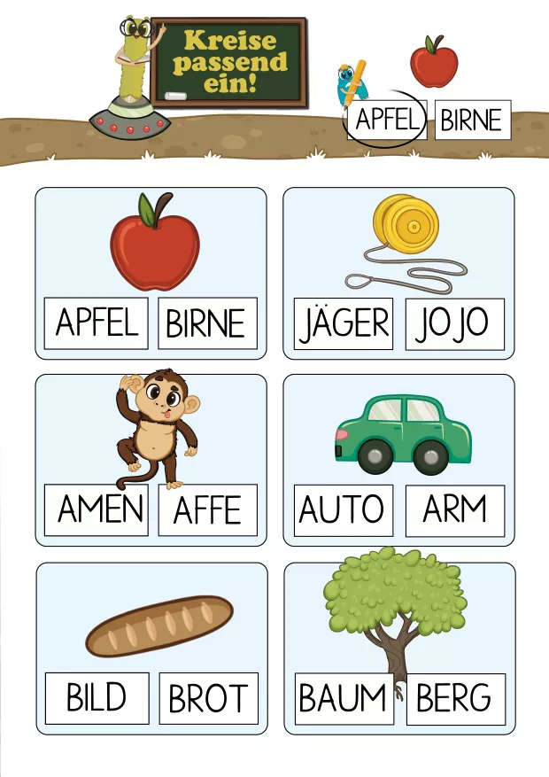 Beispielseite aus dem Alonies-Arbeitsheft, auf der Kinder Wörter in der üblichen Schreibweise mit Groß- und Kleinbuchstaben erkennen und einkreisen. Diese Aufgabe stärkt das Lesen alltagsnaher Wörter und den sicheren Umgang mit Kleinbuchstaben.