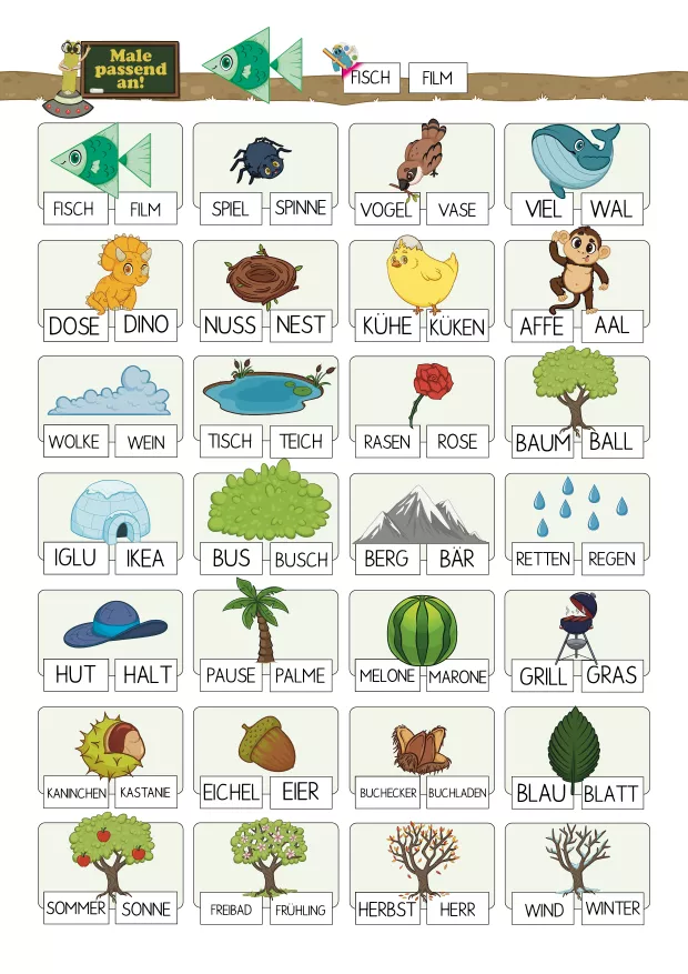 Beispielseite mit vielen Illustrationen aus dem Alonies-Lesematerial. Die Kinder ordnen einfache Wörter passenden Bildern zu und festigen so das Lesen, die visuelle Wahrnehmung und das sichere Erkennen von Wörtern im Anfangsunterricht und Förderbereich.