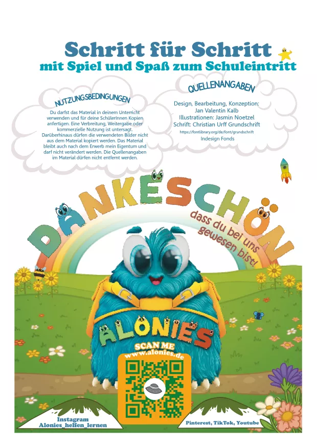 Abschlussseite des Alonies-Arbeitshefts mit Dank an die Kinder fürs Lernen. Die Seite enthält klare Hinweise zu den Nutzungsbedingungen: Das Material ist urheberrechtlich geschützt und darf nicht weitergegeben, kopiert oder weiterverkauft werden.