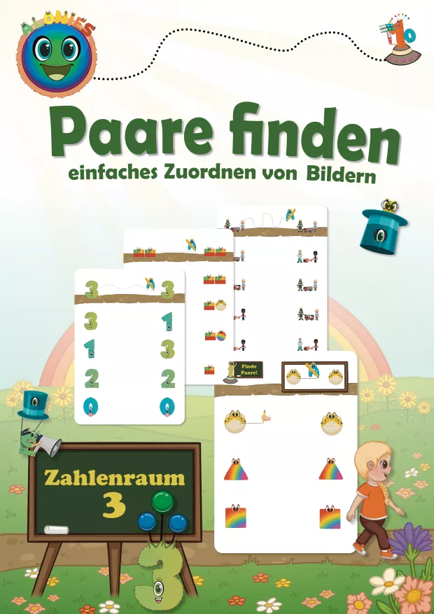 Cover des Lernmaterials „Paare finden – Zahlenraum 3“. Das Lernmaterial zeigt einfaches Zuordnen von Bildern mit klaren, liebevoll gestalteten Illustrationen. Es ist für das erste Lernen mit Stift und Papier gedacht und unterstützt Kinder dabei, Paare zu erkennen, visuelle Vergleiche zu machen und selbstständig mit Arbeitsblättern zu arbeiten. Geeignet für Kindergarten, Vorschule und den Förderbereich.