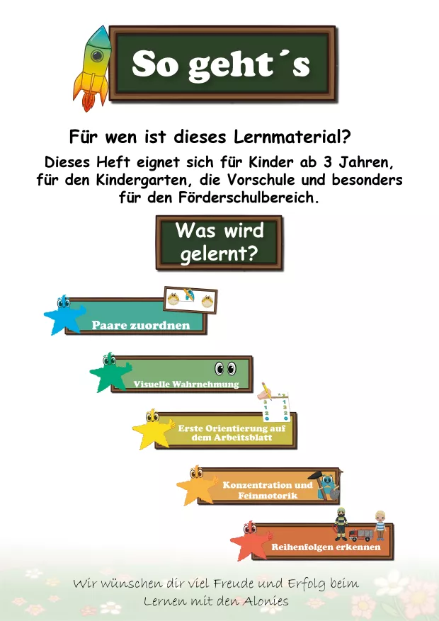 Einführungsseite des Lernmaterials „Paare finden – Zahlenraum 3“. Die Seite erklärt anschaulich, wie mit dem Material gearbeitet wird. Kinder verbinden gleiche Bilder miteinander und finden passende Paare. Die einfache, klare Struktur unterstützt besonders Kinder, die gerade erst mit Arbeitsblättern beginnen und noch ein grundlegendes Arbeitsverhalten entwickeln.