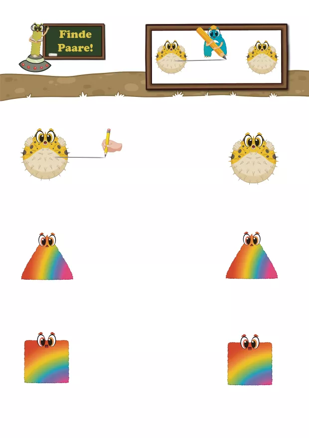 Beispielseite aus dem Lernmaterial „Paare finden“. Informie erklärt den Arbeitsauftrag, während Ayudi die Aufgabe visuell vormacht. Die Kinder sehen genau, was zu tun ist, und können die Bilder selbstständig miteinander verbinden. Die visuelle Lernunterstützung erleichtert den Einstieg und sorgt für Sicherheit beim Arbeiten.