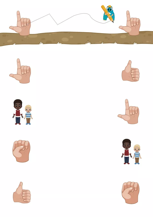 Arbeitsblatt aus dem Lernmaterial „Paare finden“, bei dem Fingerbilder miteinander verbunden werden. Die Aufgabe fördert das Erkennen von gleichen Darstellungen, visuelle Vergleiche sowie Feinmotorik, Konzentration und Ausdauer durch das gezielte Verbinden der Paare.