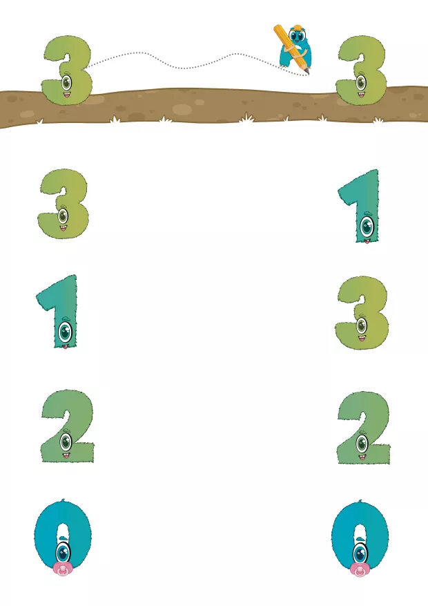 Arbeitsblatt aus dem Lernmaterial „Paare finden – Zahlenraum 3“, auf dem die Zahlen von 0 bis 3 miteinander verbunden werden. Die Kinder ordnen gleiche Zahlen zu, trainieren visuelle Wahrnehmung, Konzentration und erste Mengenkenntnisse in einer übersichtlichen, kindgerechten Darstellung.