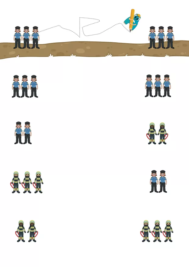 Arbeitsblatt aus dem Lernmaterial „Paare finden – Zahlenraum 3“, auf dem Reihenfolgen bis 3 miteinander verbunden werden. Die Kinder lernen, Reihen visuell zu erkennen, sich auf dem Arbeitsblatt zu orientieren und strukturiert sowie selbstständig zu arbeiten.