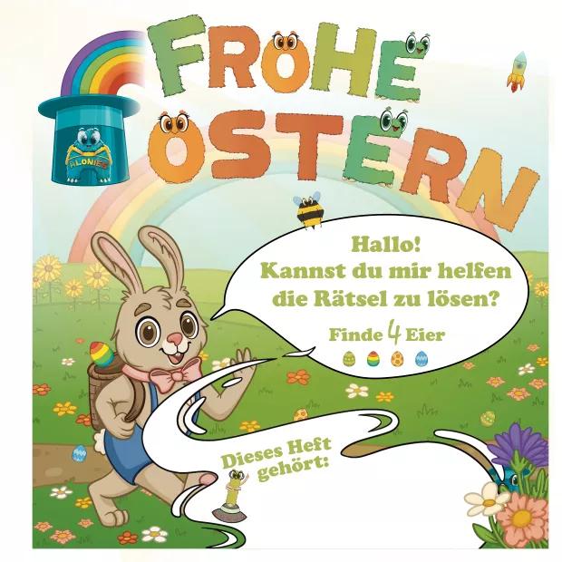 Begrüßungsseite aus dem Oster-Vorschulbuch „Frohe Ostern“ mit der Aufgabe, Rätsel zu lösen und vier Ostereier zu finden. Die Seite führt kindgerecht in das Heft ein und erklärt visuell, dass das Heft zur Oster-Vorschulreihe gehört und selbstständig bearbeitet werden kann.