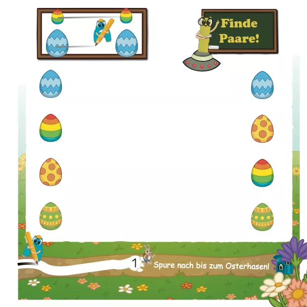 Aufgabenseite aus dem Vorschulbuch „Frohe Ostern“, auf der Kinder passende Ostereier als Paare finden und zuordnen. Die Übung fördert visuelles Vergleichen, Mustererkennung und erstes logisches Denken im Vorschulalter.