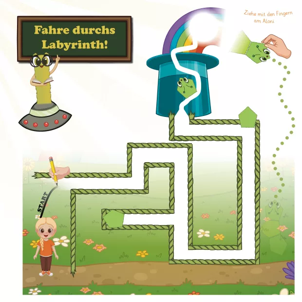 Labyrinth-Seite aus dem Vorschulbuch „Frohe Ostern“, auf der Kinder einen Weg durch das Labyrinth finden. Integrierte interaktive Elemente wie Tiere und das Rad der Raupe fördern räumliche Orientierung, Problemlösefähigkeit und Konzentration.