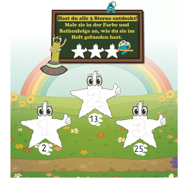 Abschluss- und Reflexionsseite aus dem Oster-Vorschulbuch, auf der Kinder prüfen, ob sie alle drei Sterne im Buch entdeckt haben, und diese ausmalen. Die Seite unterstützt Selbstreflexion, Motivation und ein positives Lernerlebnis.