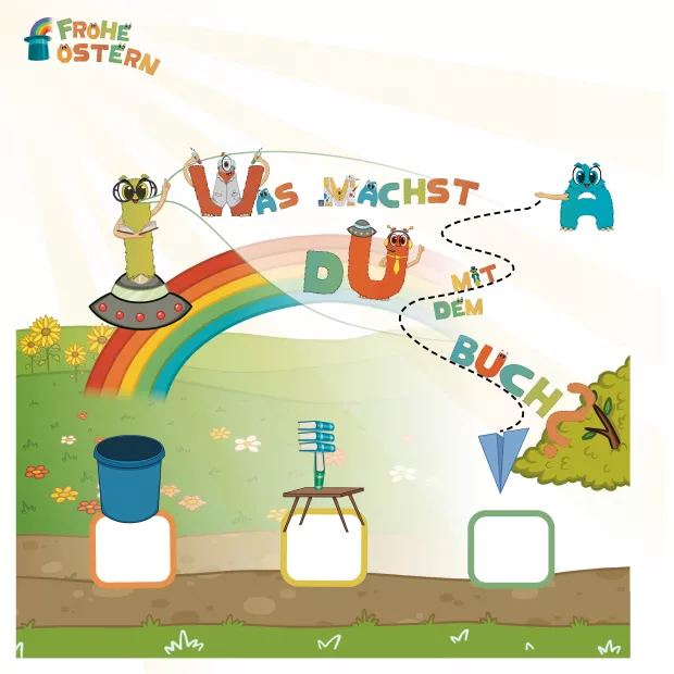 Abschlussseite des Vorschulbuchs „Frohe Ostern“ mit einer kindgerechten Reflexionsfrage: Was machst du mit dem Buch? Die Seite regt zur bewussten Entscheidung an und fördert Selbstständigkeit sowie erstes Umweltbewusstsein im Umgang mit Lernmaterialien.