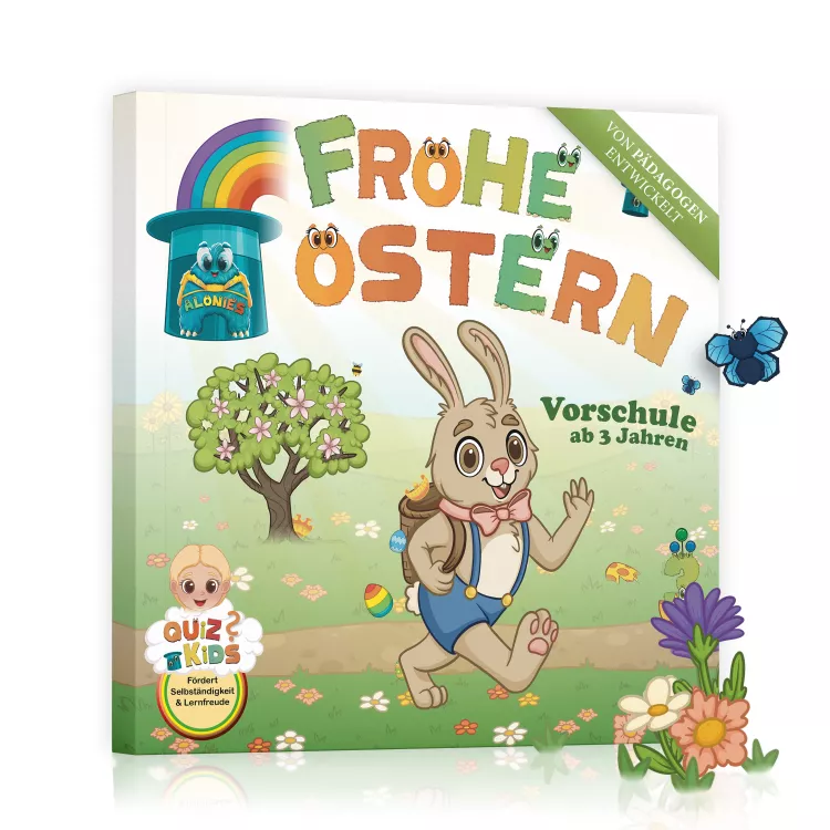 Auf dem Cover des Osterbuchs entdecken Kinder eine fröhliche Osterszene mit den Alonies. Farbenfrohe Figuren, Eier und kleine Details laden dazu ein, sofort loszulegen. Das Buch zeigt auf den ersten Blick: Hier geht es um spielerisches Lernen, Rätseln und Entdecken rund um Ostern – Schritt für Schritt und kindgerecht.
