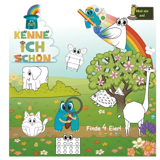 Auf dieser Seite knüpfen die Kinder an bereits Gelerntes an. Sie überlegen: Welche Alonis kenne ich schon? Welche Figuren habe ich wiedererkannt? Beim Suchen von vier versteckten Ostereiern wird das Vorwissen aktiviert und mit einer kleinen Entdeckungsaufgabe verbunden – ganz ohne Druck, aber mit viel Freude.