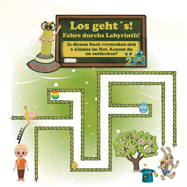 Jetzt startet das Osterabenteuer. Die Kinder fahren mit dem Stift durch ein Labyrinth, sammeln unterwegs Eier ein und folgen einer klaren Spur. Die Aufgabe ist leicht verständlich und motivierend: einfach anfangen, den Weg finden und Schritt für Schritt weiterkommen.