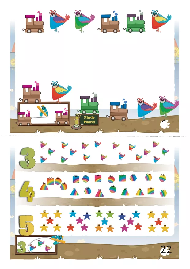 Beispielseite aus dem Mini-Vorschulheft mit Startfeld, Namensfeld „Dieses Heft gehört“, strukturierter Aufgabenführung und Übungen zum Zahlen- und Mengenverständnis für selbstständiges Arbeiten im Vorschulalter.