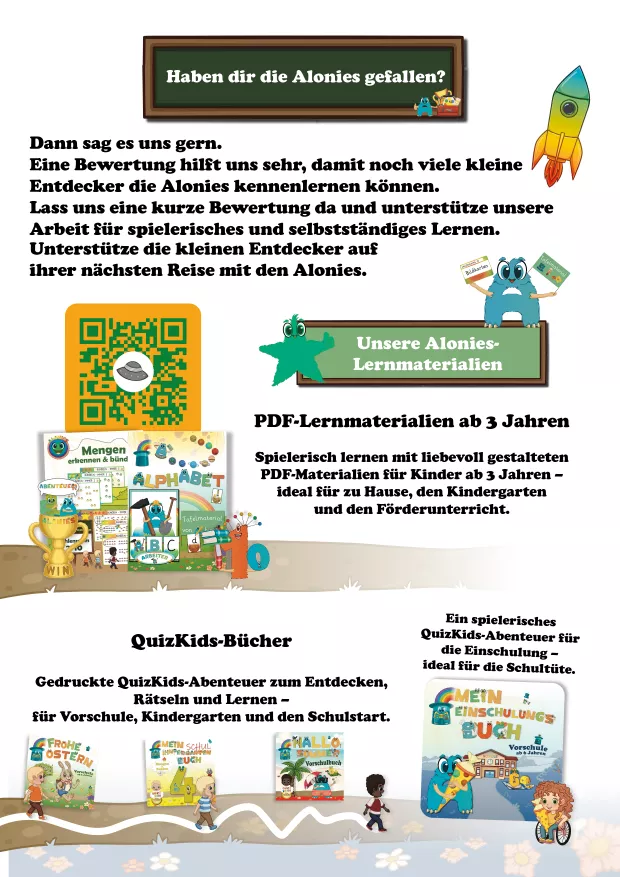 Abschlussseite mit Hinweis auf weitere PDF-Lernmaterialien und Alonies-Bücher zur Schulvorbereitung sowie Möglichkeit zur Bewertung des Vorschulhefts.